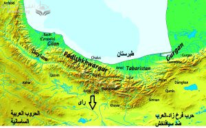  خريطة شمال إيران أثناء الغزو العربي لإيران تظهر منطقة طبرستان.